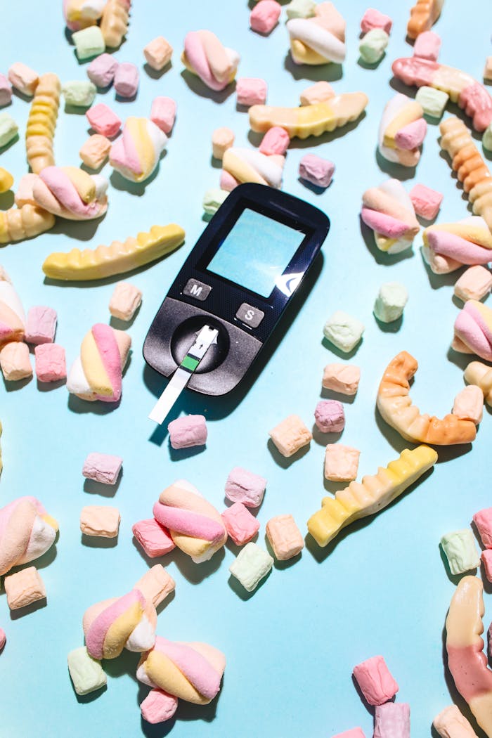 Can You Reverse Type 2 Diabetes? Exploring Effective Programs A glucometer surrounded by colorful candies on a blue background, representing diabetes awareness.