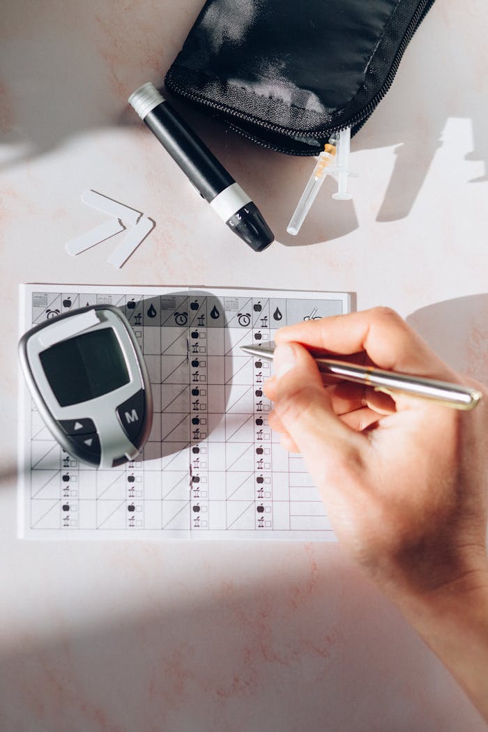 Close-up of a diabetes management kit including a glucometer, lancet pen, and recording sheet on a white table.