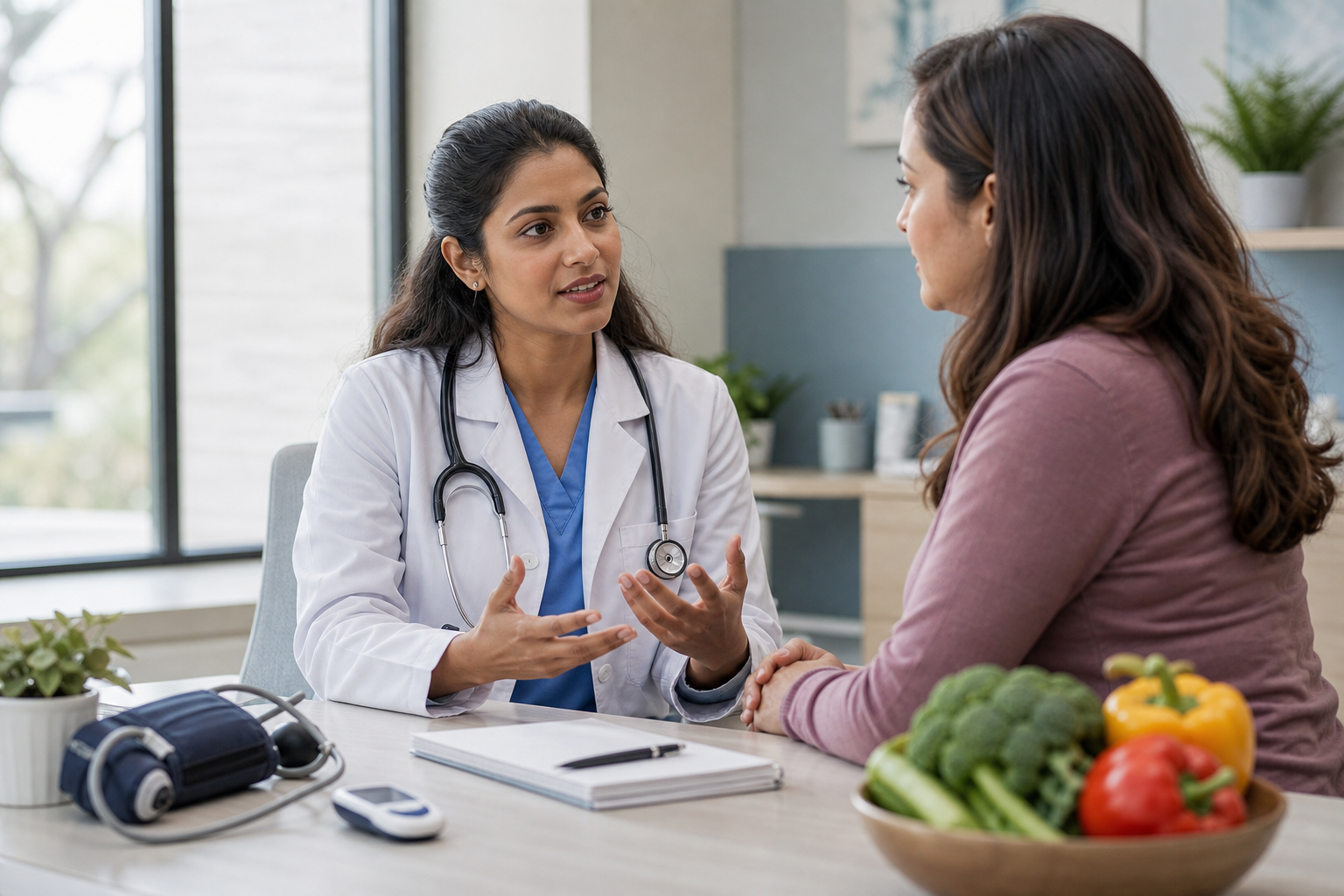 A professional healthcare scene showing a doctor discussing blood sugar results with a patient in a bright modern clinic, with healthy foods and a glucose meter nearby