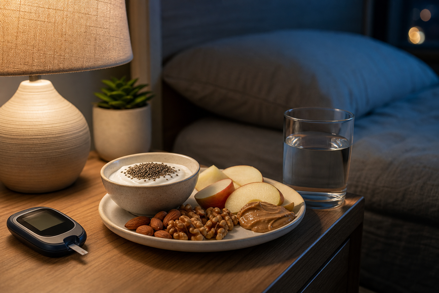 A professional evening wellness scene showing a bedside table with a small diabetic-friendly snack, water, glucose meter, and soft warm lighting