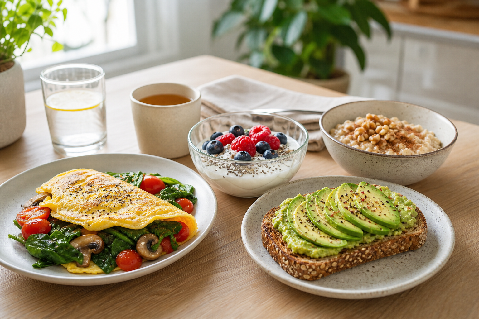 Healthy diabetes-friendly breakfast with eggs, berries, yogurt, and oats