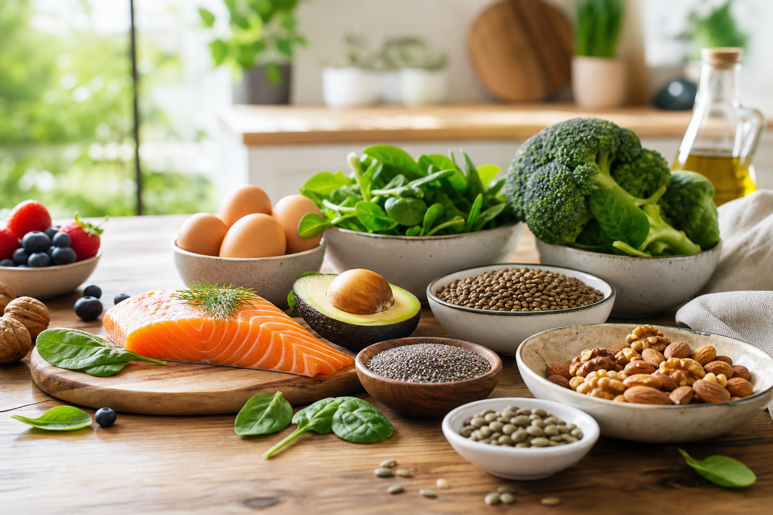 A colorful spread of insulin resistance-friendly foods including salmon, avocado, leafy greens, berries, nuts, eggs, and legumes on a modern kitchen table