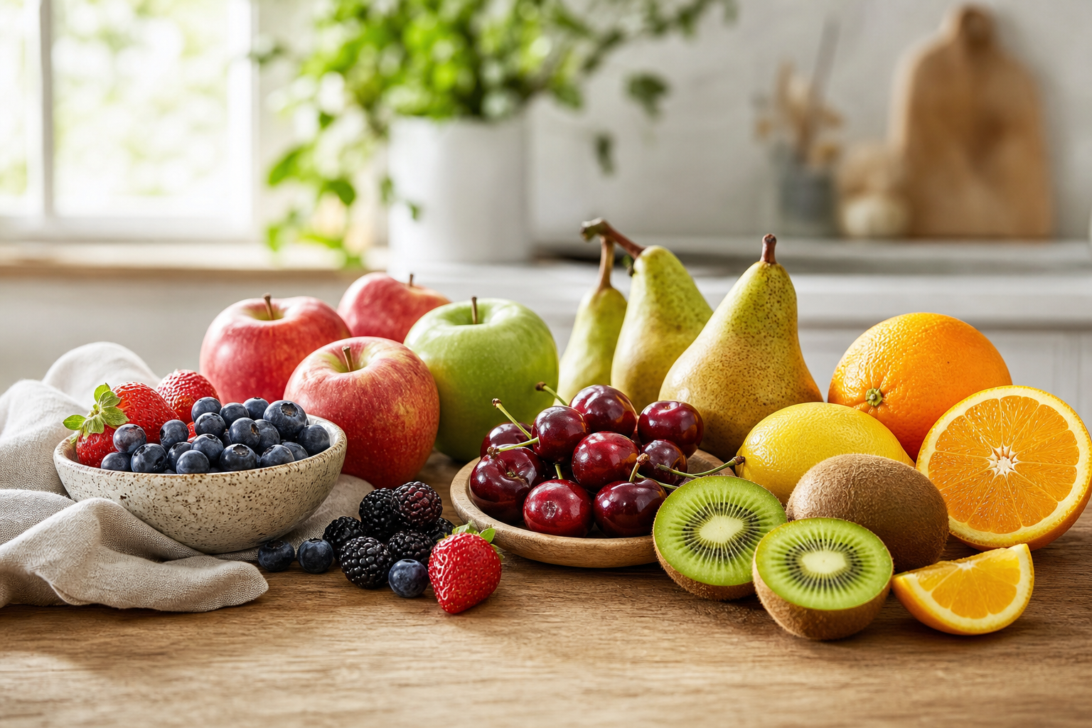 Fresh diabetes-friendly fruits including berries, apples, citrus, and pears on a kitchen table