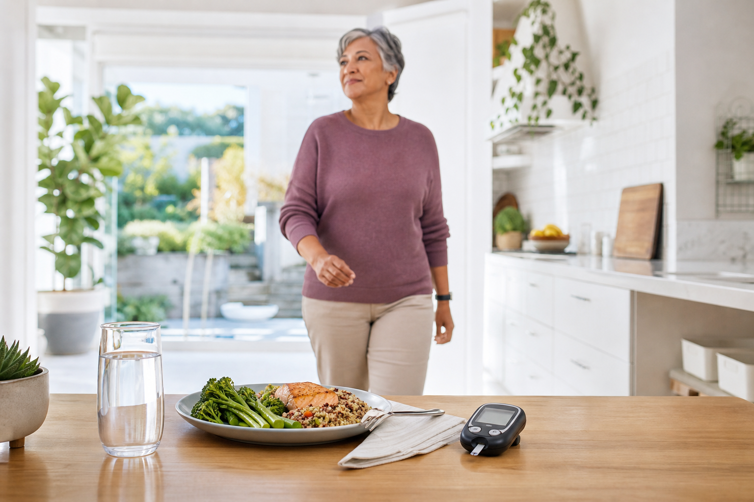 How to Lower Blood Sugar After Eating Quickly A professional wellness scene showing a person taking a short walk after a meal with a glucose meter, water glass, and healthy plate on a bright modern kitchen table