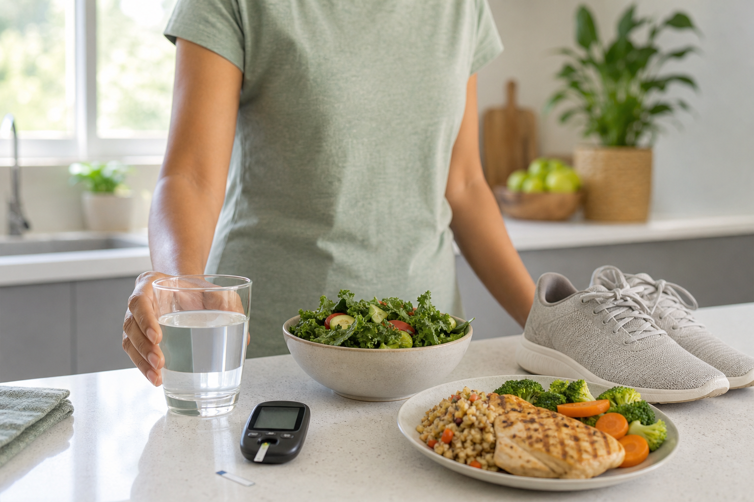 A healthy kitchen scene with water, vegetables, a walking pair of shoes, and a blood glucose meter
