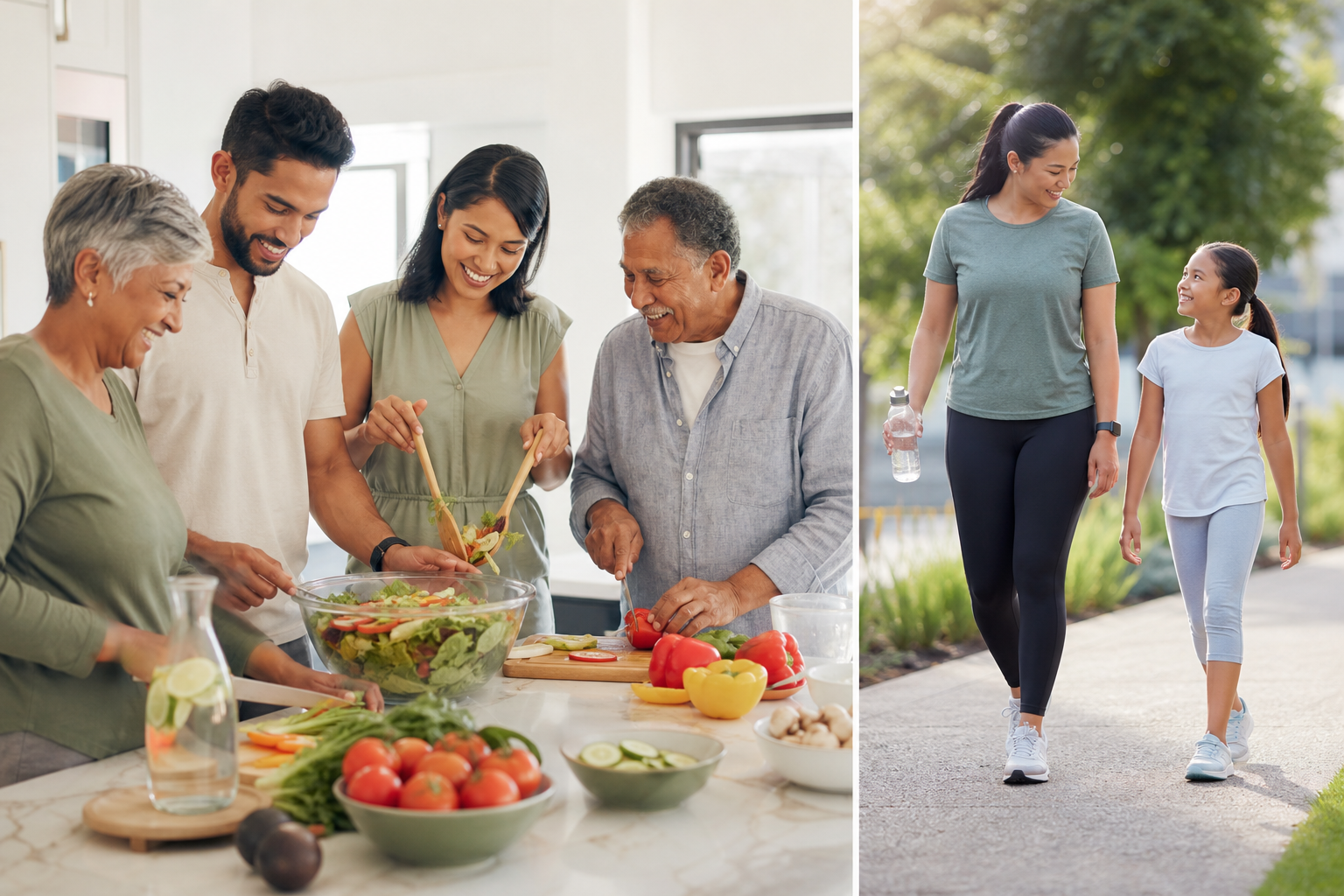 A professional wellness scene showing multigenerational family members preparing a healthy meal, walking together outdoors, and checking health habits in a bright modern setting