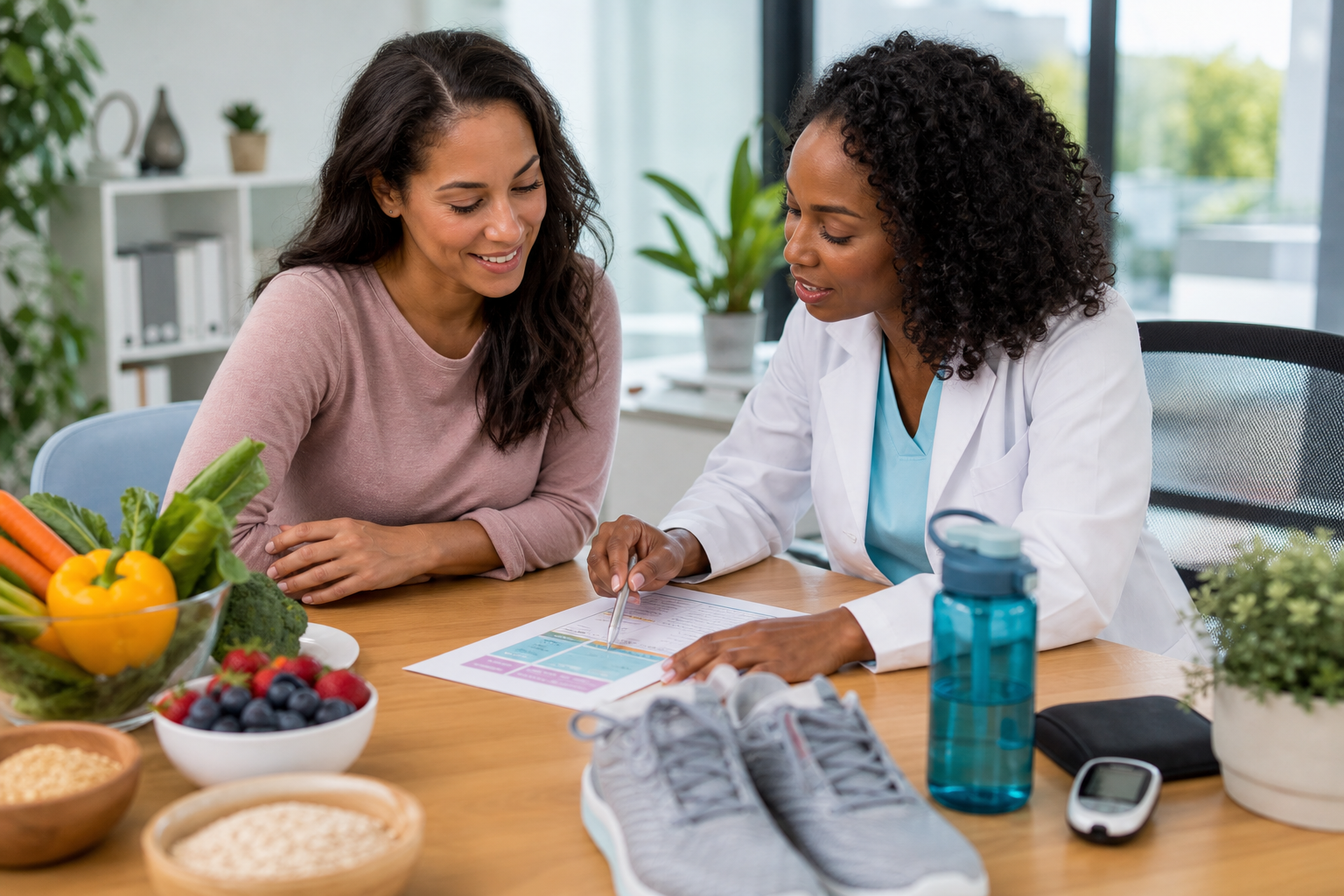 A professional healthcare and wellness scene showing a person reviewing a healthy meal plan with a clinician in a bright modern clinic, with fresh vegetables, a walking path, and blood sugar testing supplies nearby