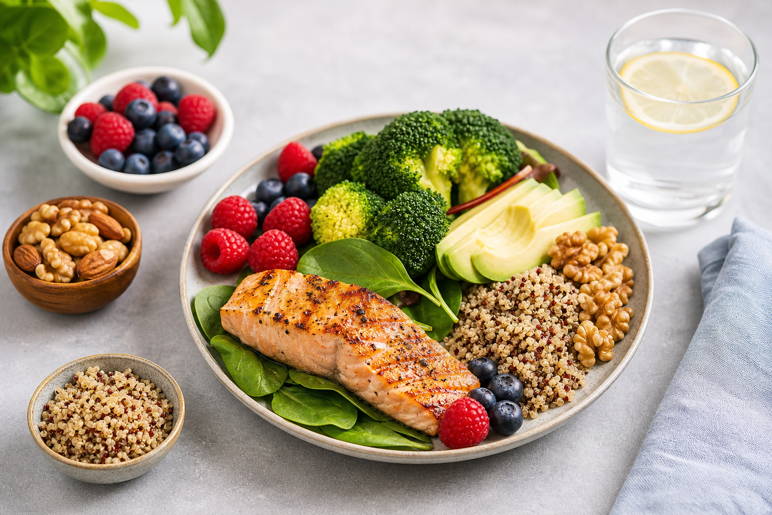 A healthy prediabetes meal with vegetables, lean protein, avocado, berries, and whole grains